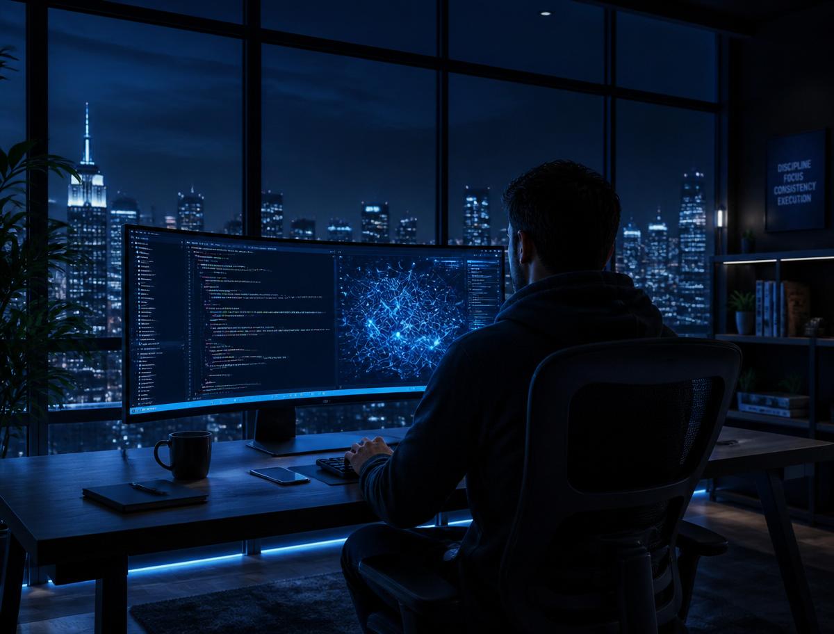 Programista pracujący nad modelem AI przy dwóch monitorach