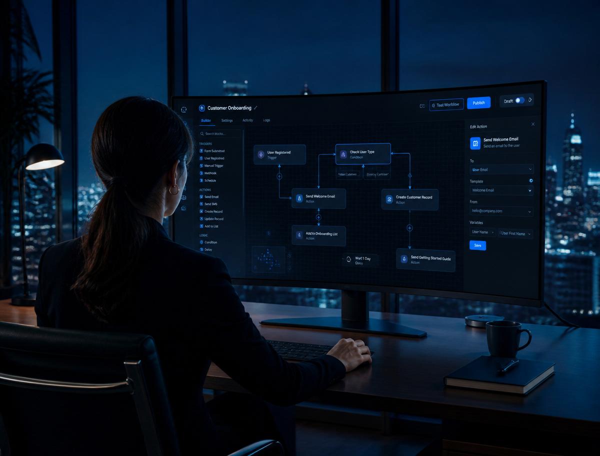 Projektantka budująca workflow AI no-code na ekranie