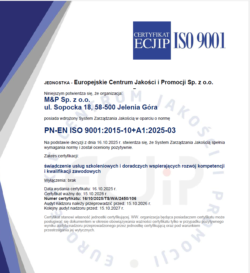 Certyfikat ISO 9001 - Europejskie Centrum Jakości i Promocji